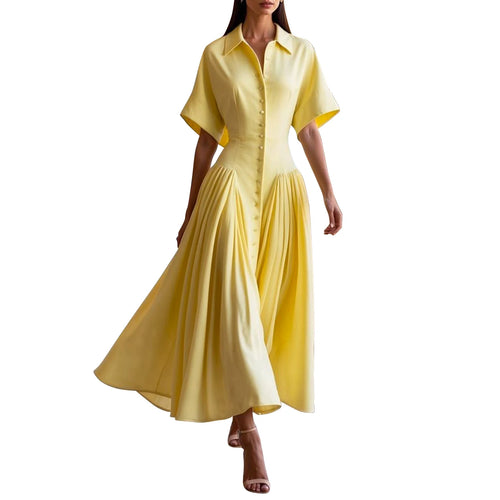Load image into Gallery viewer, Woman Summer Elegant Midi Dresses 2025 High Waist Lapel Neck Short Sleeves Buttoned Flowy A Line Shirt Dress for Women
