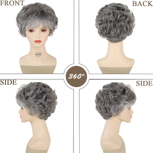 Load image into Gallery viewer, Synthetic Hair Short Gray Curly Wigs for White Women Sliver Grey Pixie Cut Wig with Bangs Wavy Fluffy Old Lady Costume
