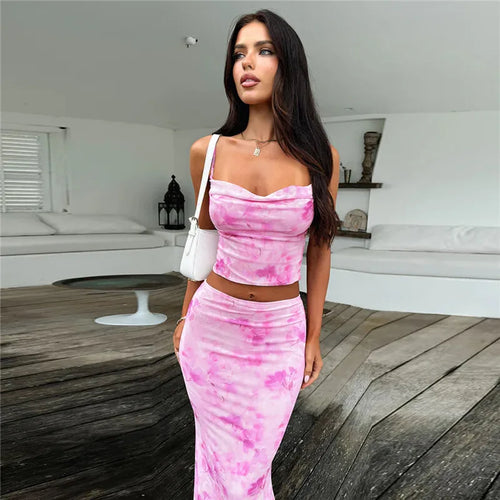 Load image into Gallery viewer, Strapless Print Sexy Two Piece Sets Women Spaghetti Strap Crop Tops And Maxi Skirt Female Elegant Printed 2 Piece Sets
