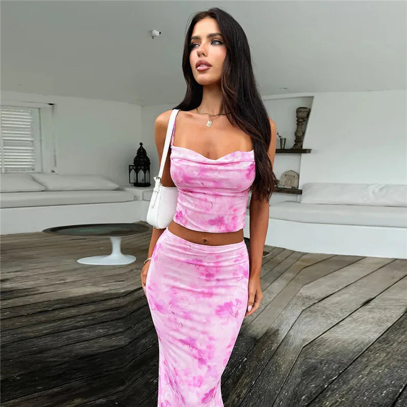 Strapless Print Sexy Two Piece Sets Women Spaghetti Strap Crop Tops And Maxi Skirt Female Elegant Printed 2 Piece Sets