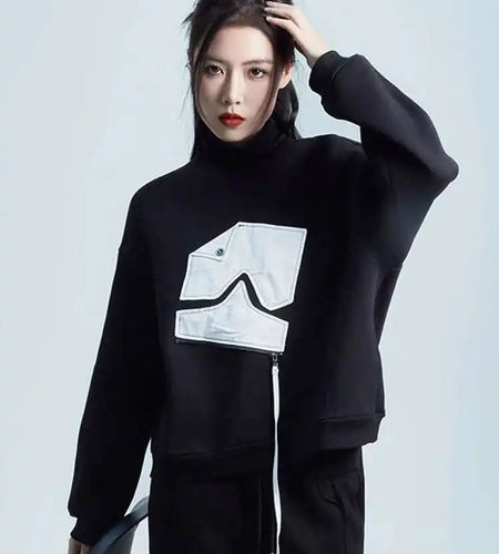 Black Pattern Zipper Thick Sweatshirt New Turtleneck Long Sleeve Women Big Size Fashion Tide Spring Autumn 2025 1DH2585
