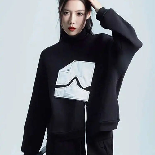 Load image into Gallery viewer, Black Pattern Zipper Thick Sweatshirt New Turtleneck Long Sleeve Women Big Size Fashion Tide Spring Autumn 2025 1DH2585
