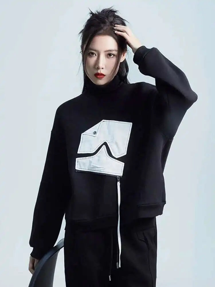 Black Pattern Zipper Thick Sweatshirt New Turtleneck Long Sleeve Women Big Size Fashion Tide Spring Autumn 2025 1DH2585