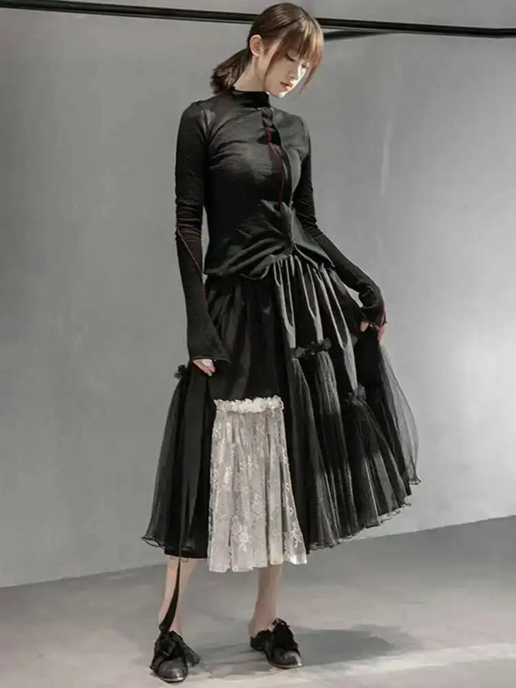 High Elastic Waist Black White Mesh Asymmetrical Half-body Skirt Women Fashion Tide New Spring Autumn 2025 1DD6027