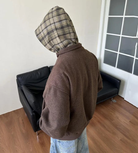 Korean Style Men's Woolen Jackets Hooded Plaid Fake Two-piece Contrast Color Loose Zipper Casual Male Coats Autumn 9C9204