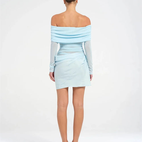 Load image into Gallery viewer, Hollow Out Off-shoulder Sexy Mini Dress Women Fashion Patchwork Strapless Long Sleeve Backless Ruched Club Dress
