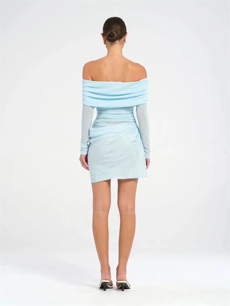 Hollow Out Off-shoulder Sexy Mini Dress Women Fashion Patchwork Strapless Long Sleeve Backless Ruched Club Dress