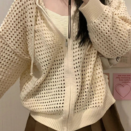 Load image into Gallery viewer, 2025 Summer Y2k Aesthetic Women Cardigan Hollow Out Hooded Loose Knitted  Harajuku Casual Grunge Long Sleeve Zipper Tops
