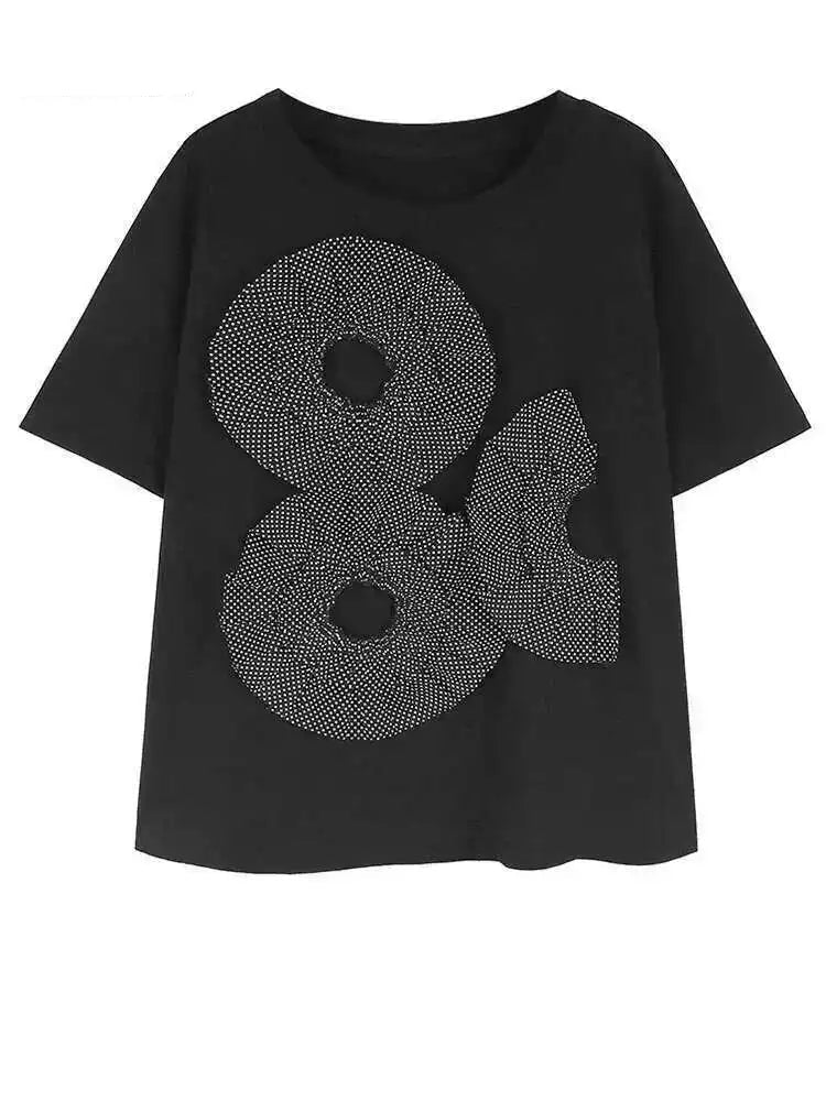 Women Black Dot  Ruffles Big Size Casual T-shirt New Round Neck Short  Sleeve Fashion Tide Spring Summer 2025 1DH5463