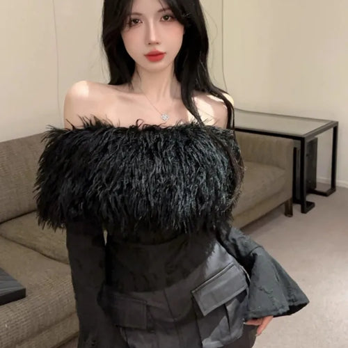 Load image into Gallery viewer, Y2k Aesthetic Vintage Fur Patchwork Bodycon Tees Harajuku Women Slash Neck Grunge T-shirt Streetwear Fairy Hole Cropped Tshirt
