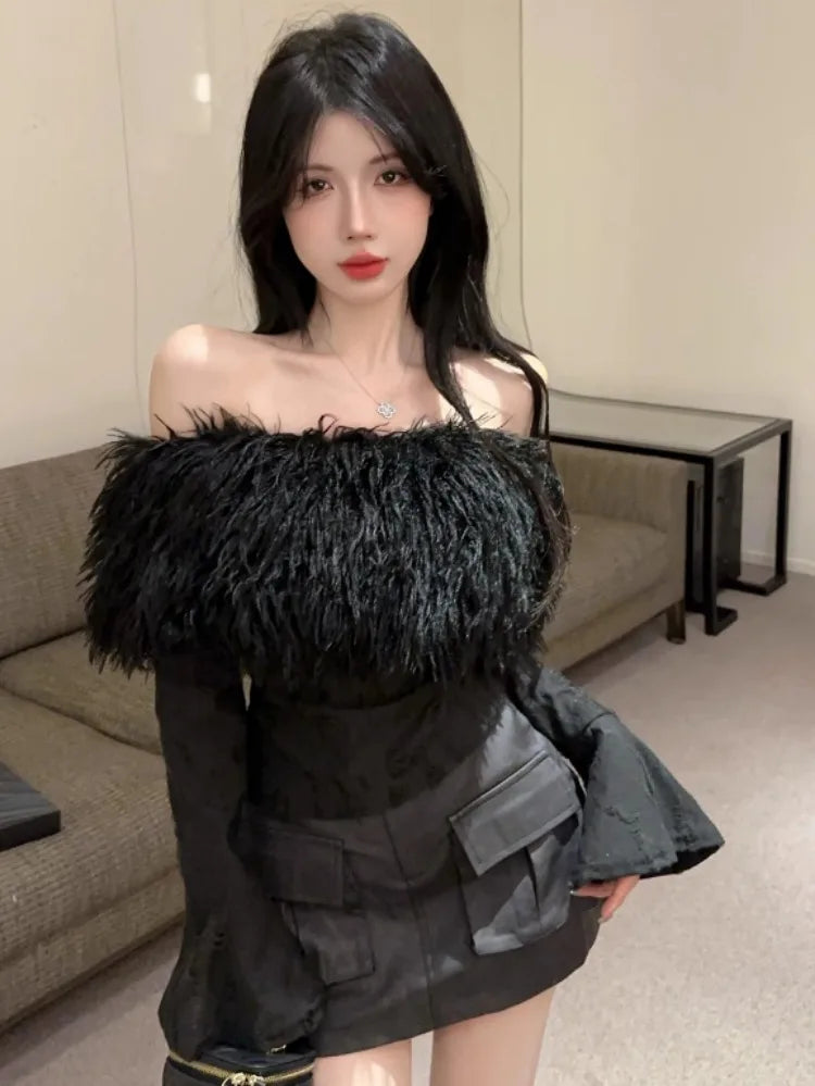 Y2k Aesthetic Vintage Fur Patchwork Bodycon Tees Harajuku Women Slash Neck Grunge T-shirt Streetwear Fairy Hole Cropped Tshirt