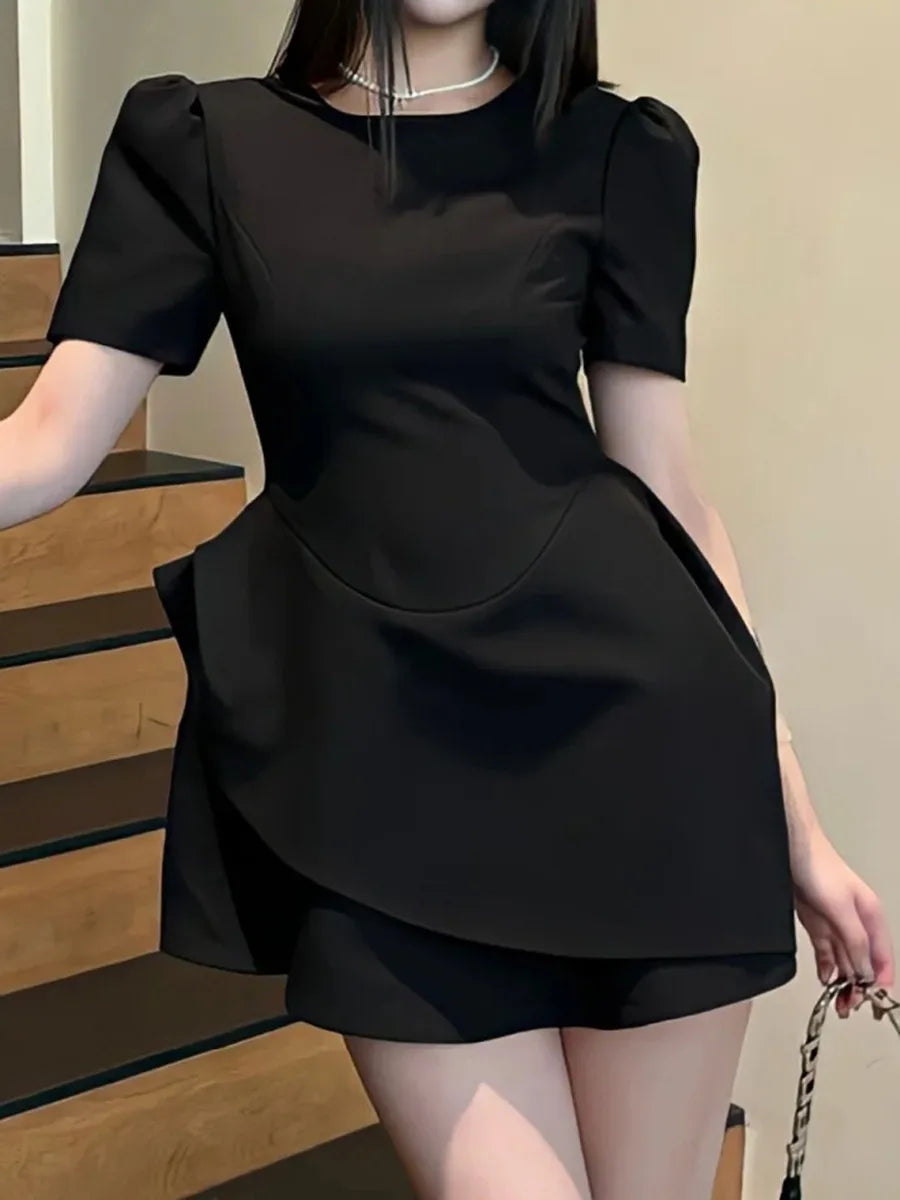 Solid Elegant Mini Dresses for Women O Neck Short Sleeve High Waist Temperament Minimalist Dress Female New