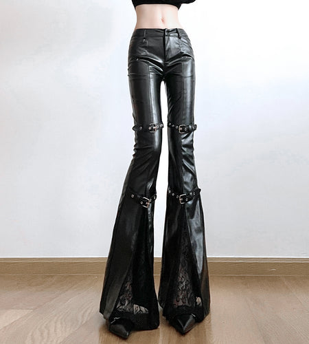 Streetwear Belt Buckle Design PU Leather Trousers Women Lace Patchwork Slimming Full Length Flared Pants Chic Bottoms