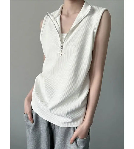 Oversized T Shirts Women Clothing Turtleneck Sleeveless Zipper Y2k Tops 2024 Ropa Mujer Summer Tees Casual Fashion Black T-shirt