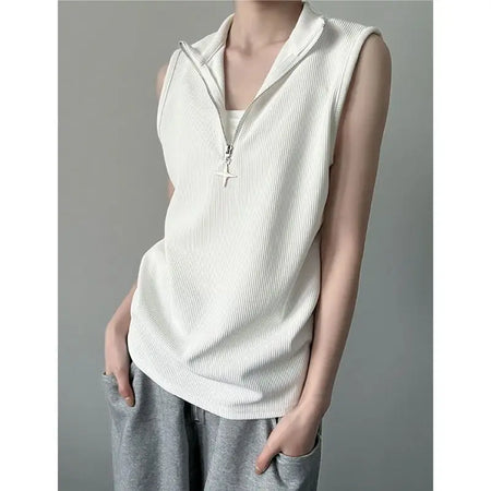 Oversized T Shirts Women Clothing Turtleneck Sleeveless Zipper Y2k Tops 2024 Ropa Mujer Summer Tees Casual Fashion Black T-shirt