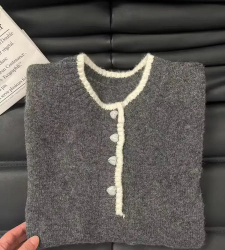 Autumn Winter Grey Patchwork Button Round Neck Knitted Tops Korean Women Casual Long-sleeved Vacation Pullover Short Sweater New