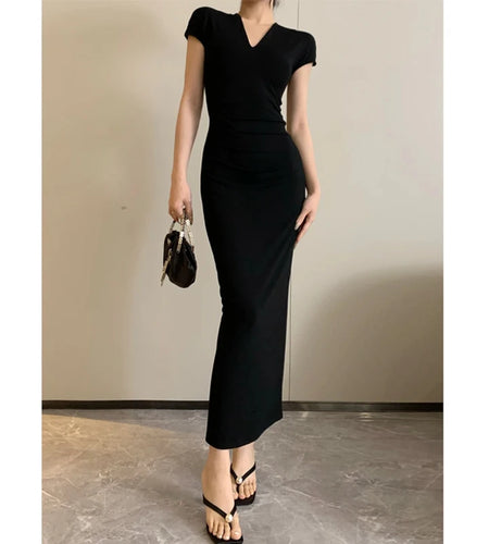 Women Fashion Sexy Midi Dress Summer Elegant V-neck Split Sleeveless Slim Dresses Streetwear High Waist Bodycon Vestidos Robes