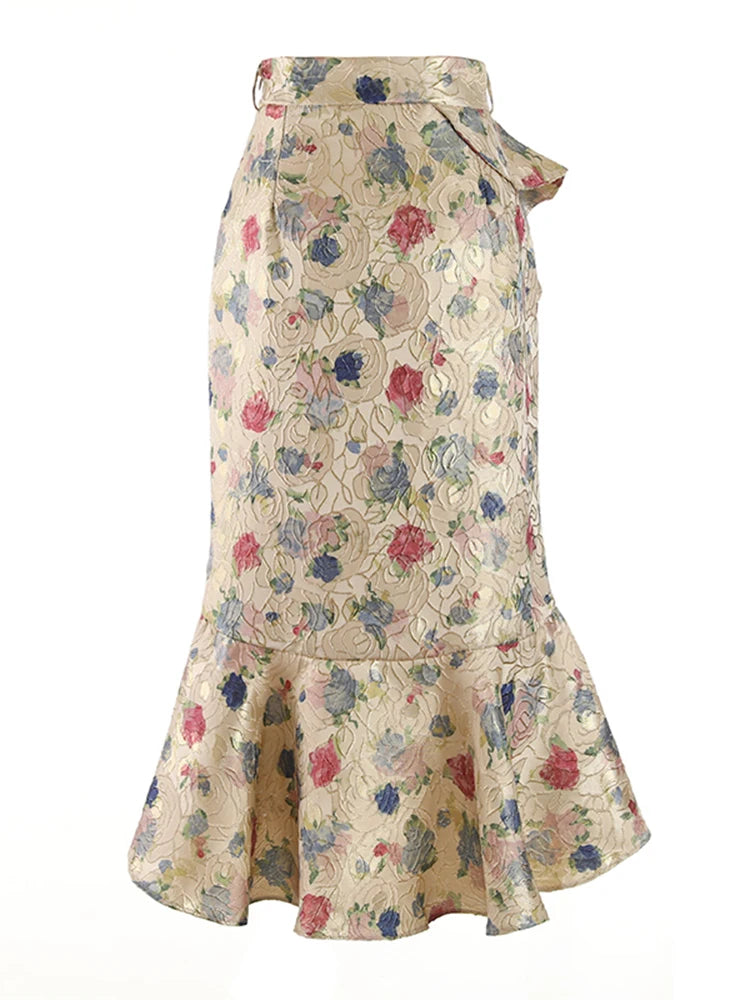 Chinese Style Print Skirts For Women High Waist Patchwork Pearl Irregular Hem Summer Skirt Female Fashion