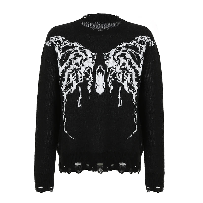 Grunge Gothic Butterfly Autumn Sweater Women Loose Vintage Hole Ripped Knitted Pullover Halloween Y2K Jumper Outwear