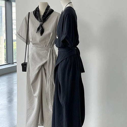 Load image into Gallery viewer, Women Navy Blue Cross Bandage Big Size Elegant Midi Dress New Round Neck Short Sleeve Fashion Spring Summer 2025 1DJ1359
