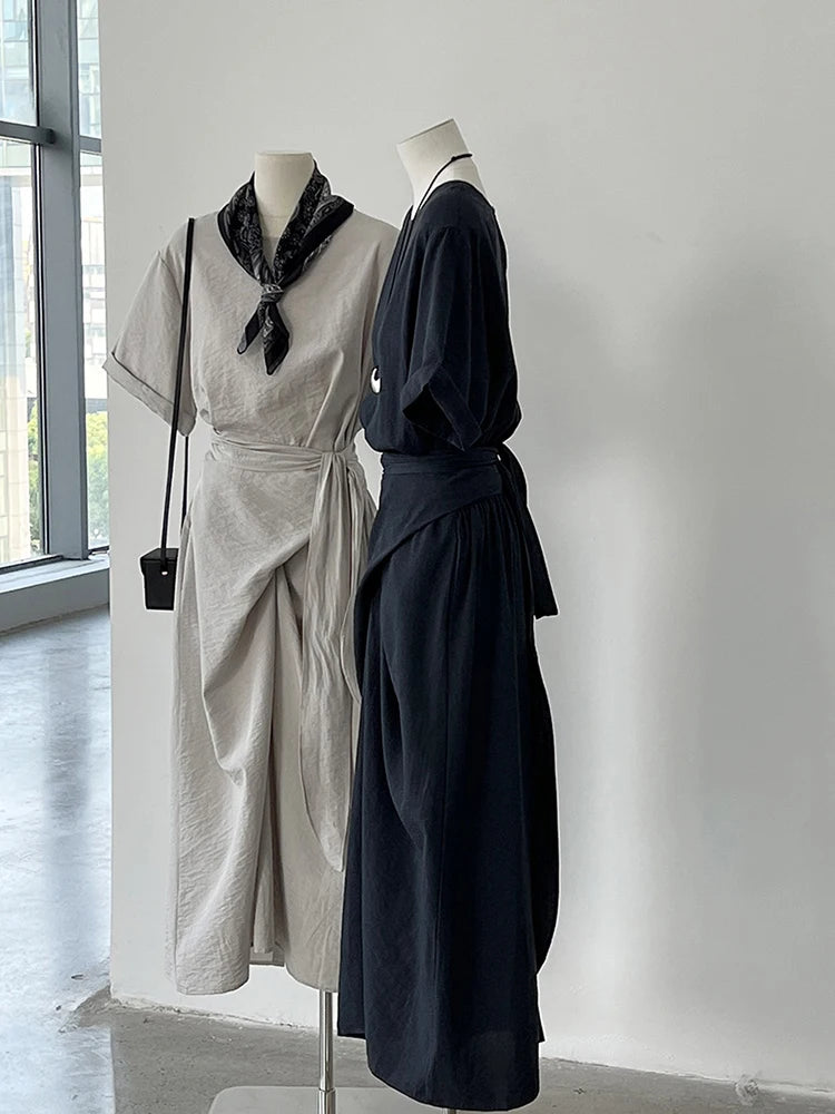 Women Navy Blue Cross Bandage Big Size Elegant Midi Dress New Round Neck Short Sleeve Fashion Spring Summer 2025 1DJ1359