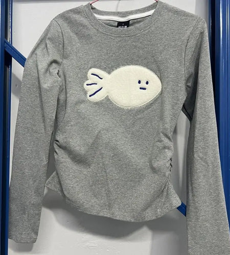 Cute Embroidery Woman Tshirts Crop Tops Fashion Korean Camisetas Slim Waist Long Sleeve Tees 2024 Ropa Mujer Casual Y2k T Shirt