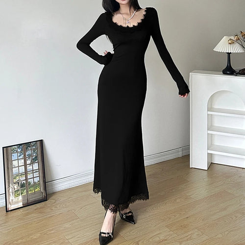 Load image into Gallery viewer, Korean Fashion Black Slim Knit Autumn Dress Female Basic Lace Spliced Solid Casual Long Dress Party Elegant Clothing
