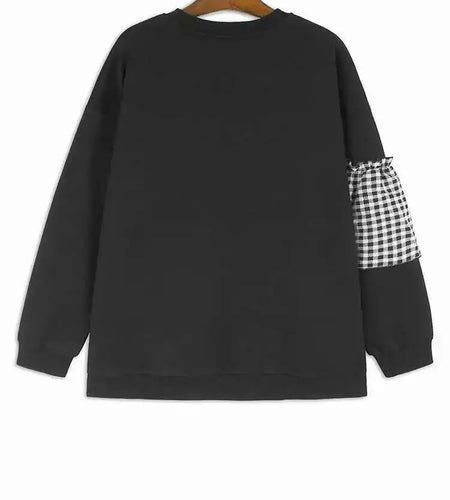 Black Plaid Ruffles Casual Sweatshirt New Round Neck Long Sleeve Women Big Size Fashion Tide Spring Autumn 2025 1DH7621