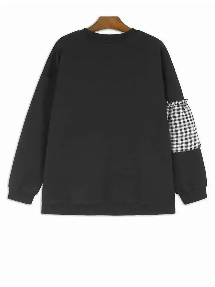 Black Plaid Ruffles Casual Sweatshirt New Round Neck Long Sleeve Women Big Size Fashion Tide Spring Autumn 2025 1DH7621