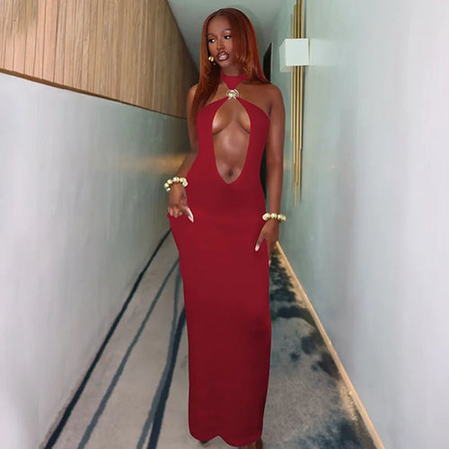 Load image into Gallery viewer, Halter Hollow Out Sexy Maxi Dress For Women Gown Fashion Off-shoulder Sleeveless Backless Bodycon Beach Club Dress
