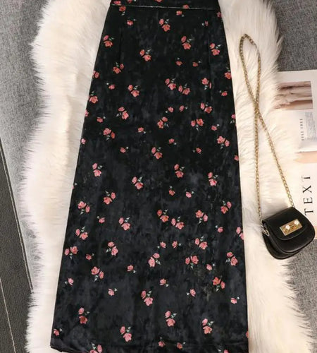 Women's Spring Autumn New Print Gold Velvet Slim Split Package Hip Skirts Ladies High Waist A-line Pleated Skirt Vintage French