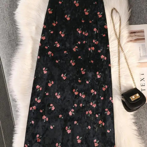 Load image into Gallery viewer, Women's Spring Autumn New Print Gold Velvet Slim Split Package Hip Skirts Ladies High Waist A-line Pleated Skirt Vintage French
