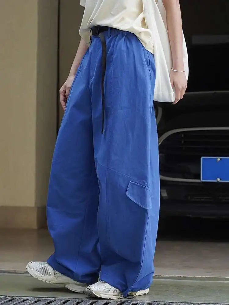 High Waist Blue White Brief Pocket Wide Leg Casual Pants New Trousers Women Fashion Tide Spring Autumn 2025 1DH9590