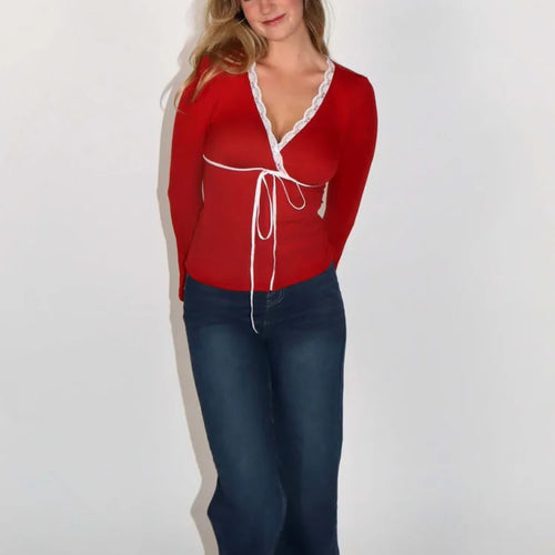 Load image into Gallery viewer, Fashion Lace Long Sleeved Slim Fit Women's Top T-shirt Sexy V-neck Elastic Tight Tie Female Top Autumn New 2024 Clothing
