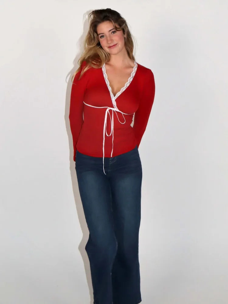Fashion Lace Long Sleeved Slim Fit Women's Top T-shirt Sexy V-neck Elastic Tight Tie Female Top Autumn New 2024 Clothing