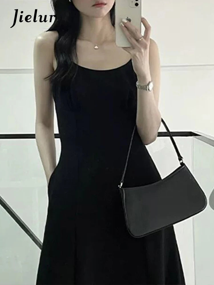 Pure Color Spaghetti Strap Women's Dresses French Style Black Sleeveless Fashion Female Maxi Dress Summer Office Ladies