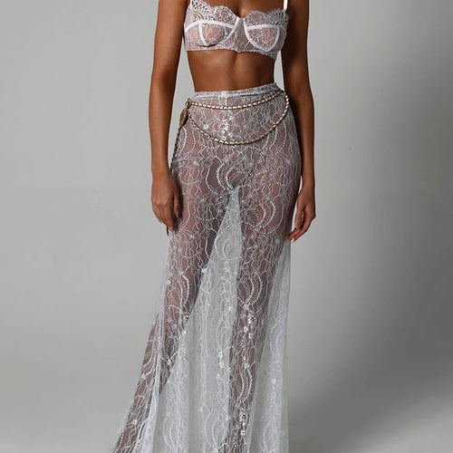 Load image into Gallery viewer, See Through Lace Two Piece Skirt Sets Women Crop Top And Maxi Skirt Sets Elegant Party Beach Sexy Two Piece Set
