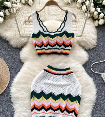 Retro Women Sets Korean Fashion White Patchwork V-neck Short Knitted Vest Tops + High Waist Wrap Hip Mini Skirts Two Piece Suits