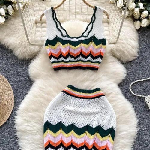 Load image into Gallery viewer, Retro Women Sets Korean Fashion White Patchwork V-neck Short Knitted Vest Tops + High Waist Wrap Hip Mini Skirts Two Piece Suits
