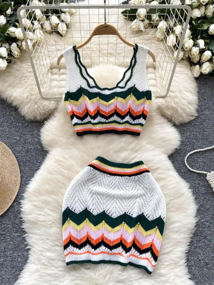 Retro Women Sets Korean Fashion White Patchwork V-neck Short Knitted Vest Tops + High Waist Wrap Hip Mini Skirts Two Piece Suits