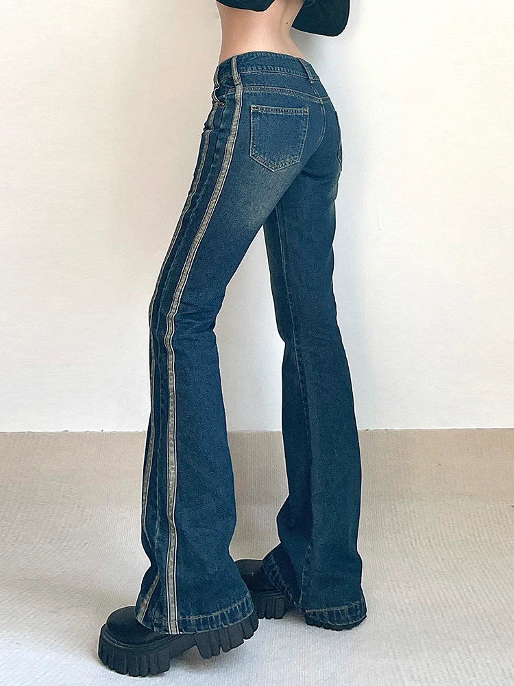 Y2K Retro Fashion Stripe Patchwork Skinny Low Rise Jeans Female Boot Cut Pants Korean Slim Aesthetic Denim Trousers