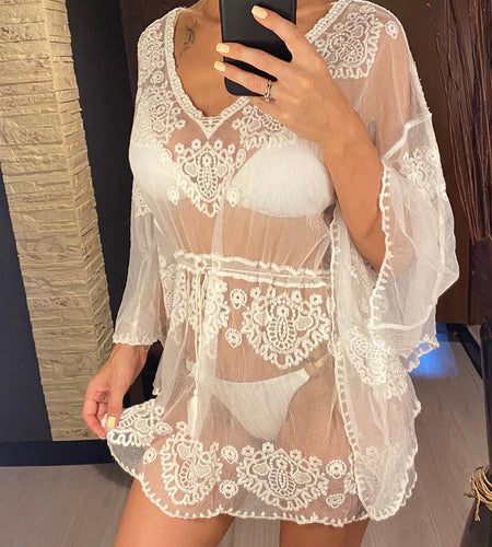 Embroidery V Neck Long Sleeve See Through Tunic Beach Cover Up Cover-ups Beach Dress Beach Wear Beachwear Female Women V5330