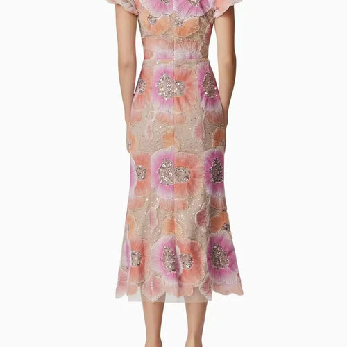 Load image into Gallery viewer, Hit Color Printing Spliced Bead Dresses for Women Round Neck Short Sleeves High Waist Temperament Long Dress Female
