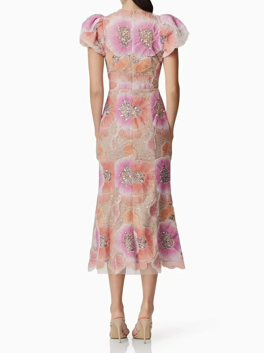 Hit Color Printing Spliced Bead Dresses for Women Round Neck Short Sleeves High Waist Temperament Long Dress Female