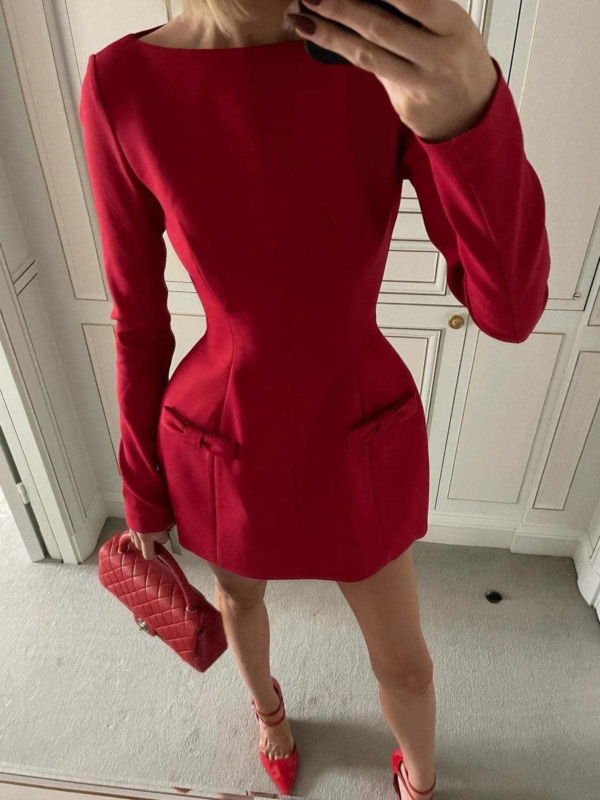 Elegant Long Sleeve Mini Dress Women Bow Round Neck Bodycon Female Autumn/Winter 2025 New Fashionable Street Clothing