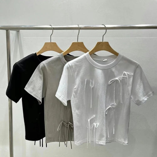 Load image into Gallery viewer, Y2k Aesthetic Vintage Summer Bow Tees  Women Harajuku Grunge Bottoming Crop Top 2025 Slim Streetwear Solid Sweet Cute Tshirts
