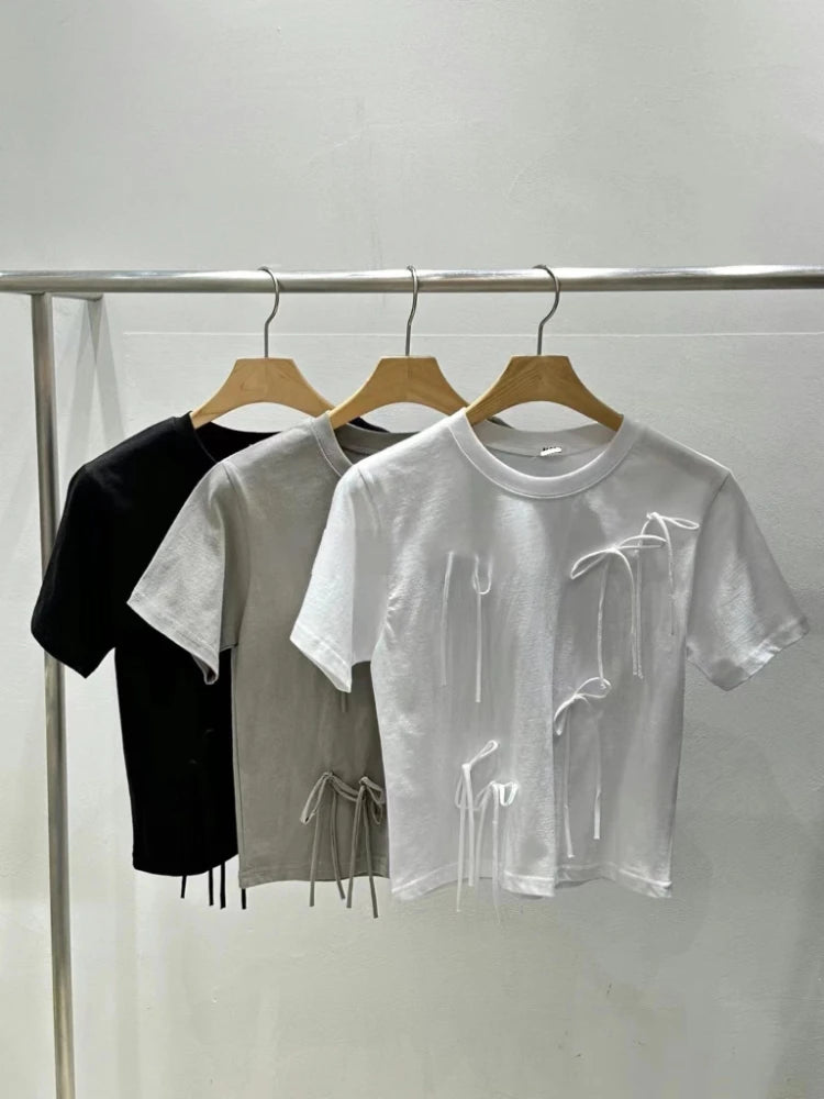 Y2k Aesthetic Vintage Summer Bow Tees  Women Harajuku Grunge Bottoming Crop Top 2025 Slim Streetwear Solid Sweet Cute Tshirts