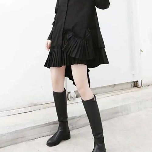 Load image into Gallery viewer, Women Black Pleated Irregular Casual Shirt Dress New Stand Collar Long Sleeve Loose Fit Fashion Spring Autumn 2025 1DF4825

