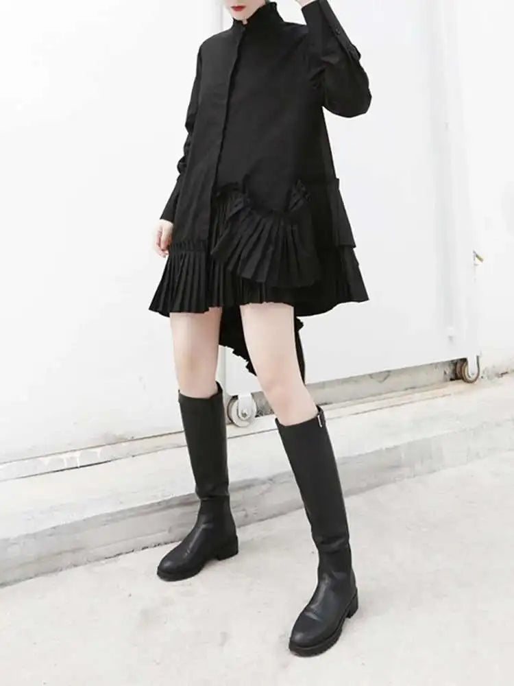 Women Black Pleated Irregular Casual Shirt Dress New Stand Collar Long Sleeve Loose Fit Fashion Spring Autumn 2025 1DF4825
