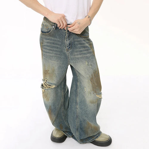 Load image into Gallery viewer, Summer Male Denim Pants Worn-out Hole Contrast Color Straight Wide Leg Casual Men&#39;s Denim Pants High Street 9C6605
